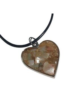 Heart Shaped Resin Shell Pendant Necklace Black Cord Lobster Clasp Adjustable